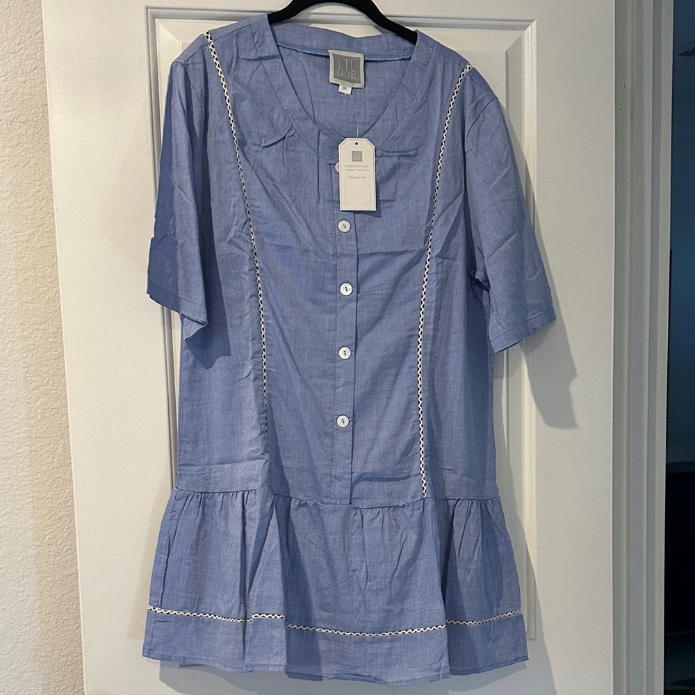 LIL Cactus Light Blue Button-Front Ruffle Hem Dress NWT